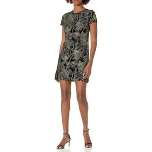 Calvin Klein Women's Short Sleeve Velvet Embroidered Shift Dress Black/Gold 6